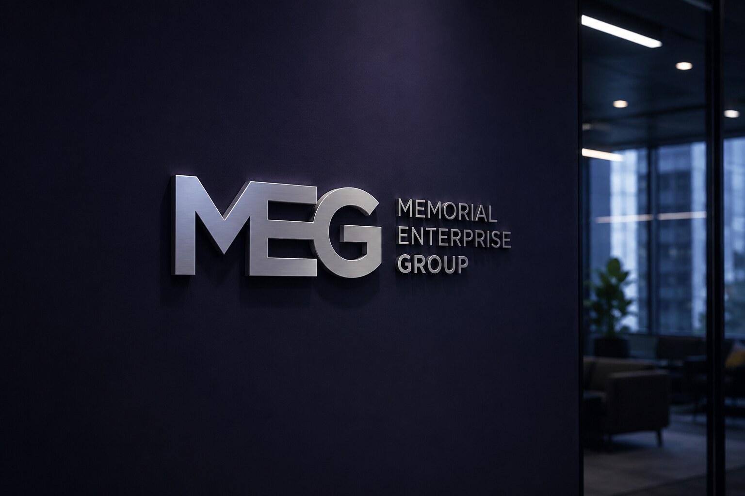 Identidad corporativa de Memorial Enterprise Group aplicada en un espacio institucional