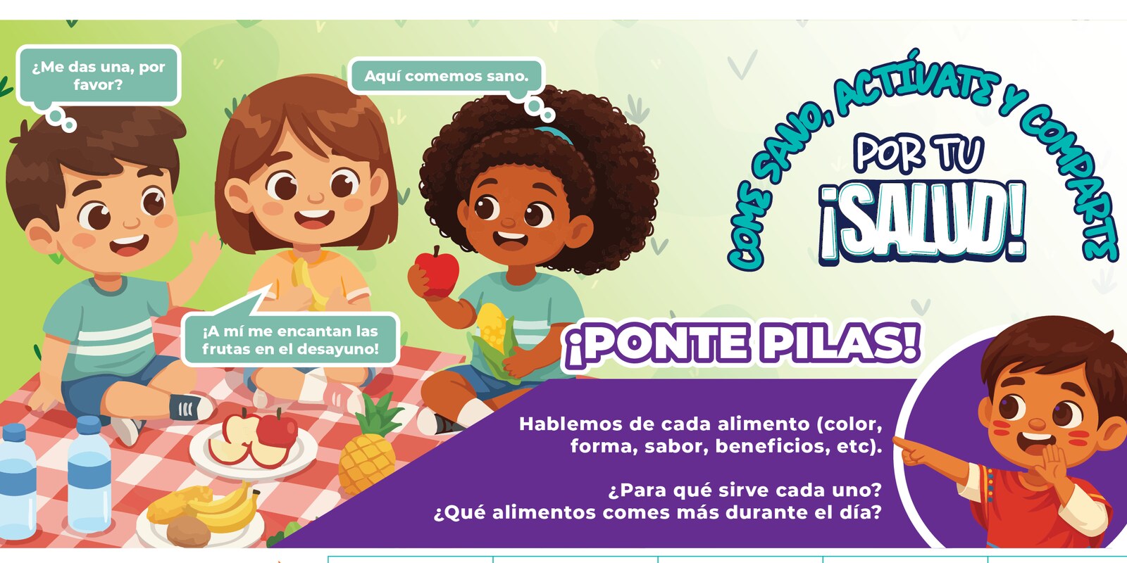 Municipio de Quito — niños compartiendo un picnic saludable junto al lockup Por tu ¡Salud!