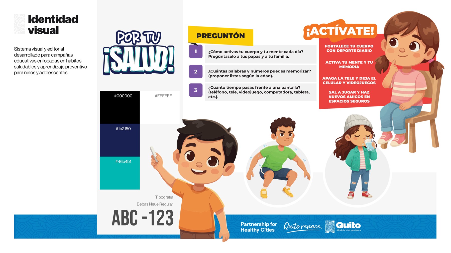 Paleta cromática, tipografía y personajes adicionales del sistema Por tu ¡Salud!