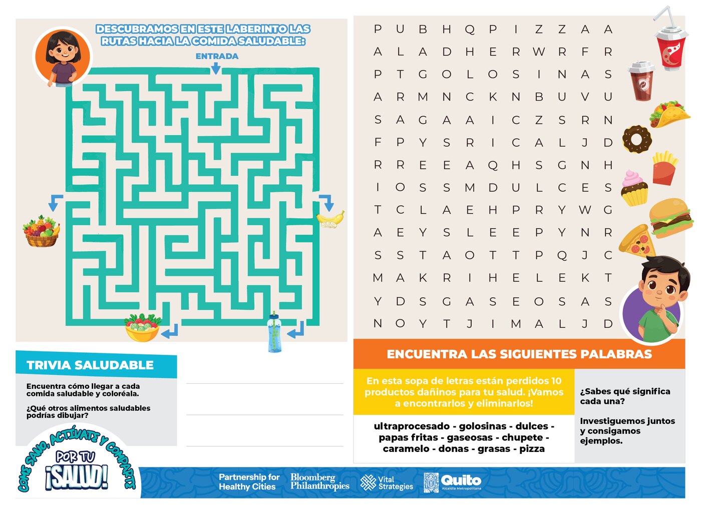 Laberinto y sopa de letras sobre alimentación saludable del sistema Por tu ¡Salud!
