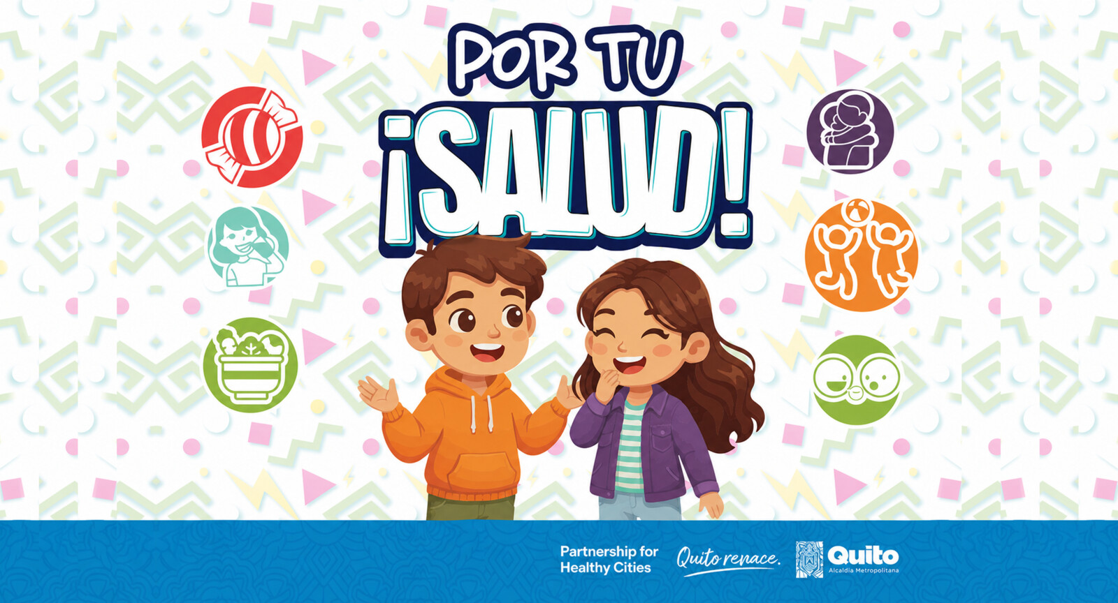 Municipio de Quito — identidad 'Por tu ¡Salud!': logotipo, dos personajes, íconos temáticos y franja institucional del Municipio de Quito.